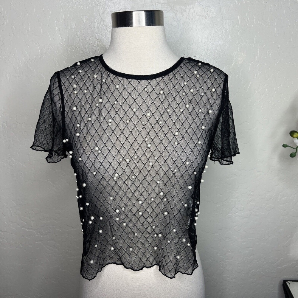 Zara Mesh Pearl Shirt In Black Size M